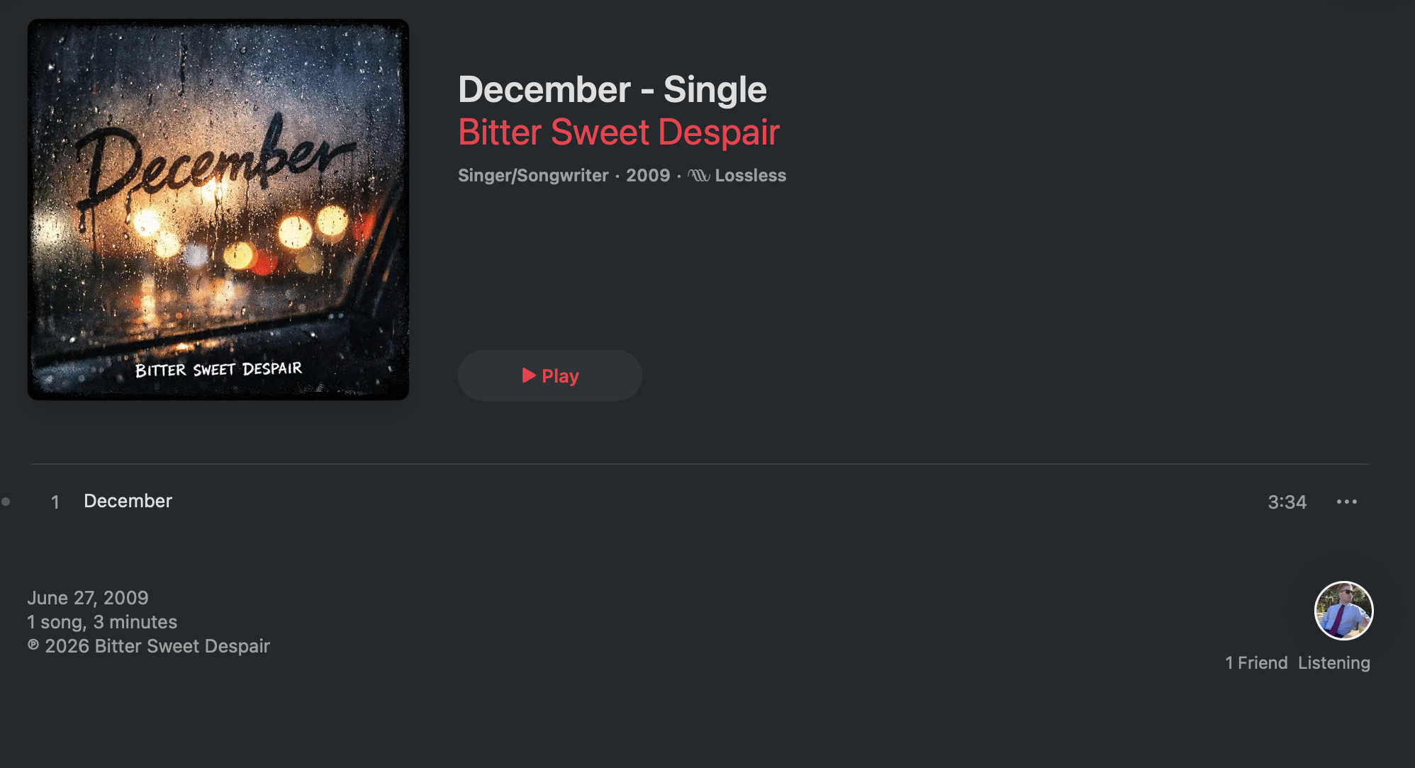 Apple Music screenshot showing December - Single by Bitter Sweet Despair with 1 Friend Listening